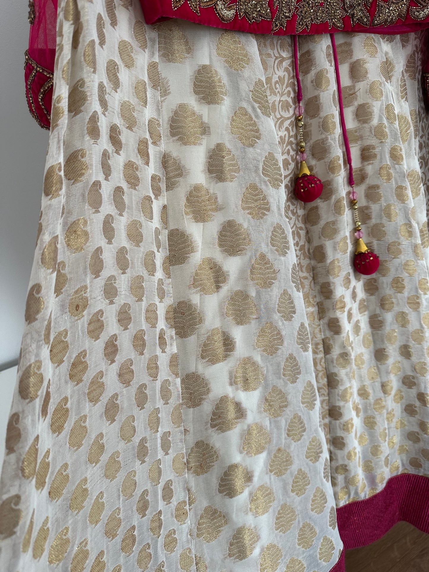 Preloved cerise velvet lehenga with cream silk skirt