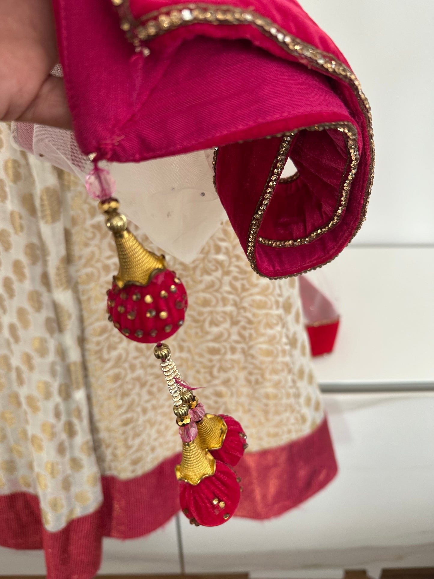Preloved cerise velvet lehenga with cream silk skirt