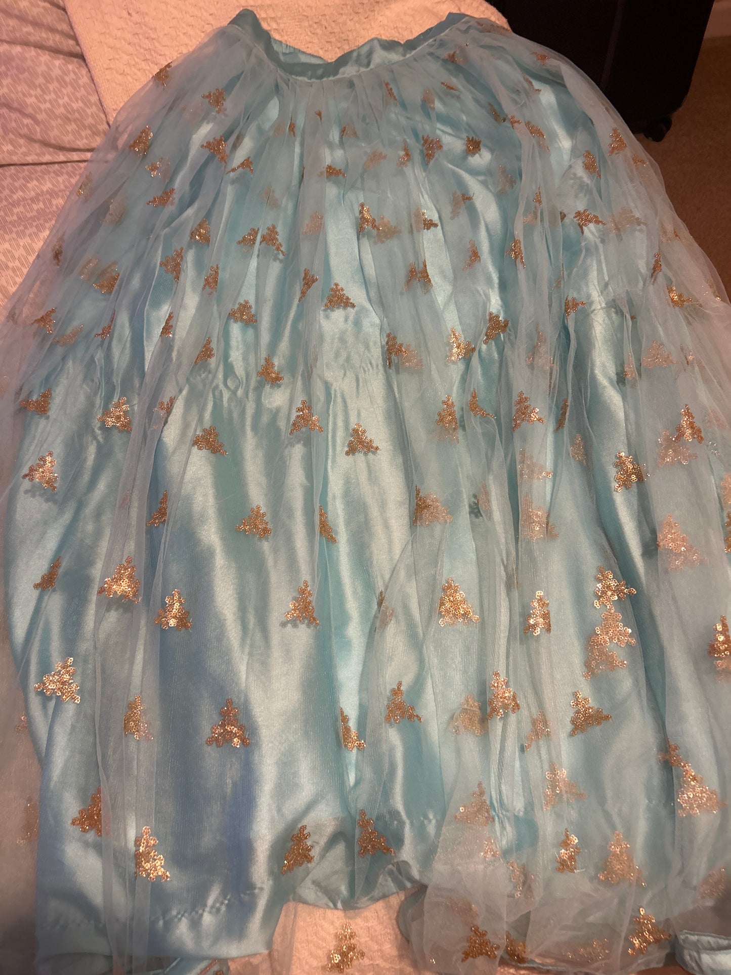 Blue gold lengha blouse skirt and chunni