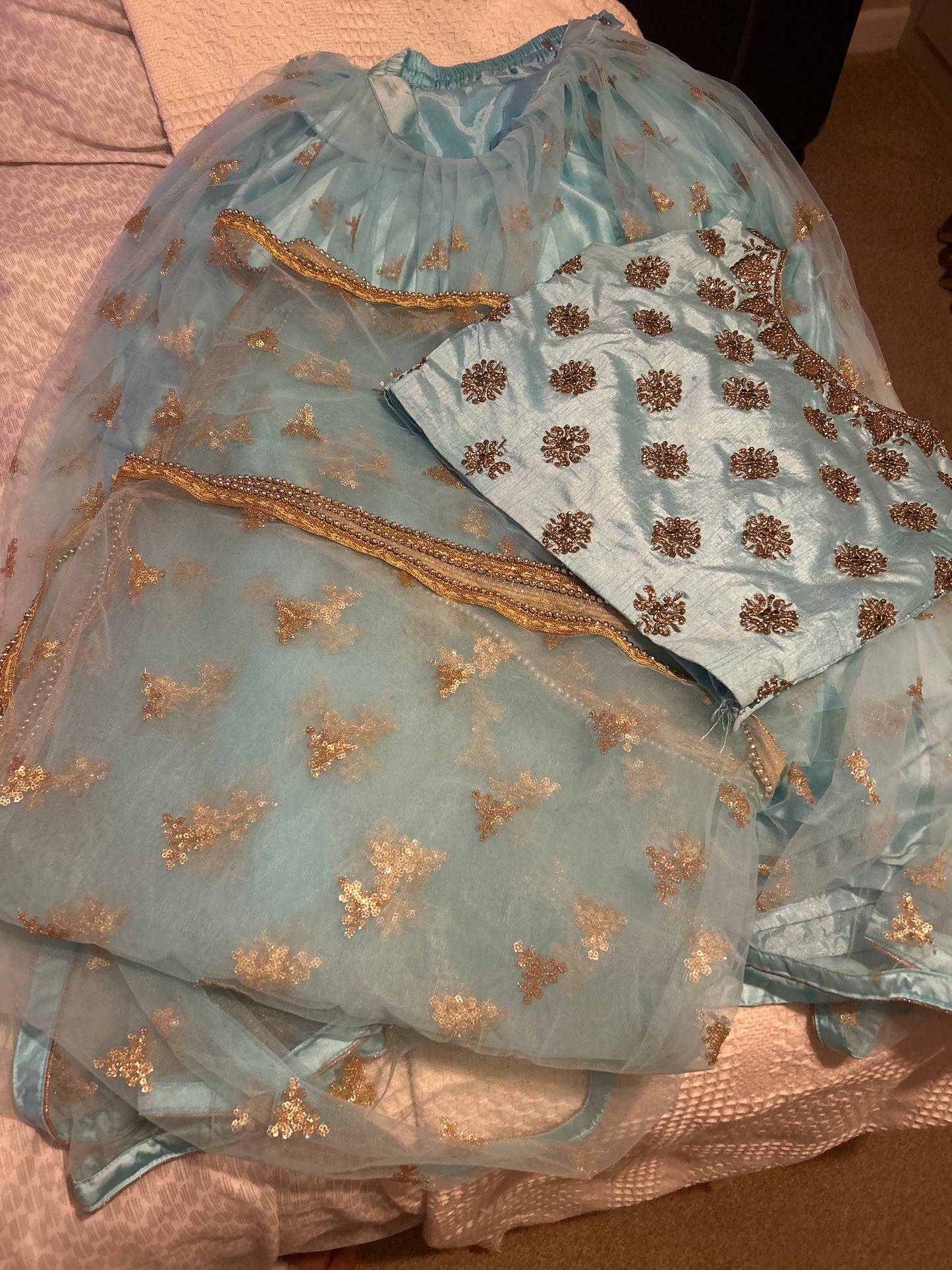 Blue gold lengha blouse skirt and chunni