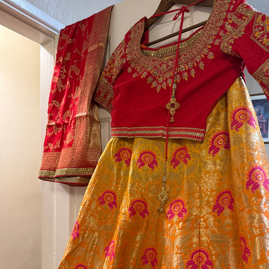 Red and orange lengha