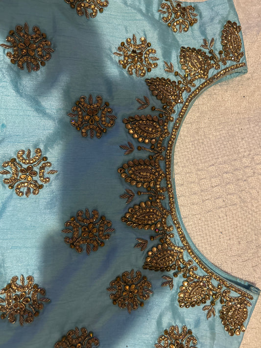 Blue gold lengha blouse skirt and chunni