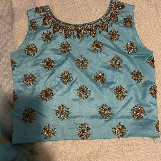 Blue gold lengha blouse skirt and chunni