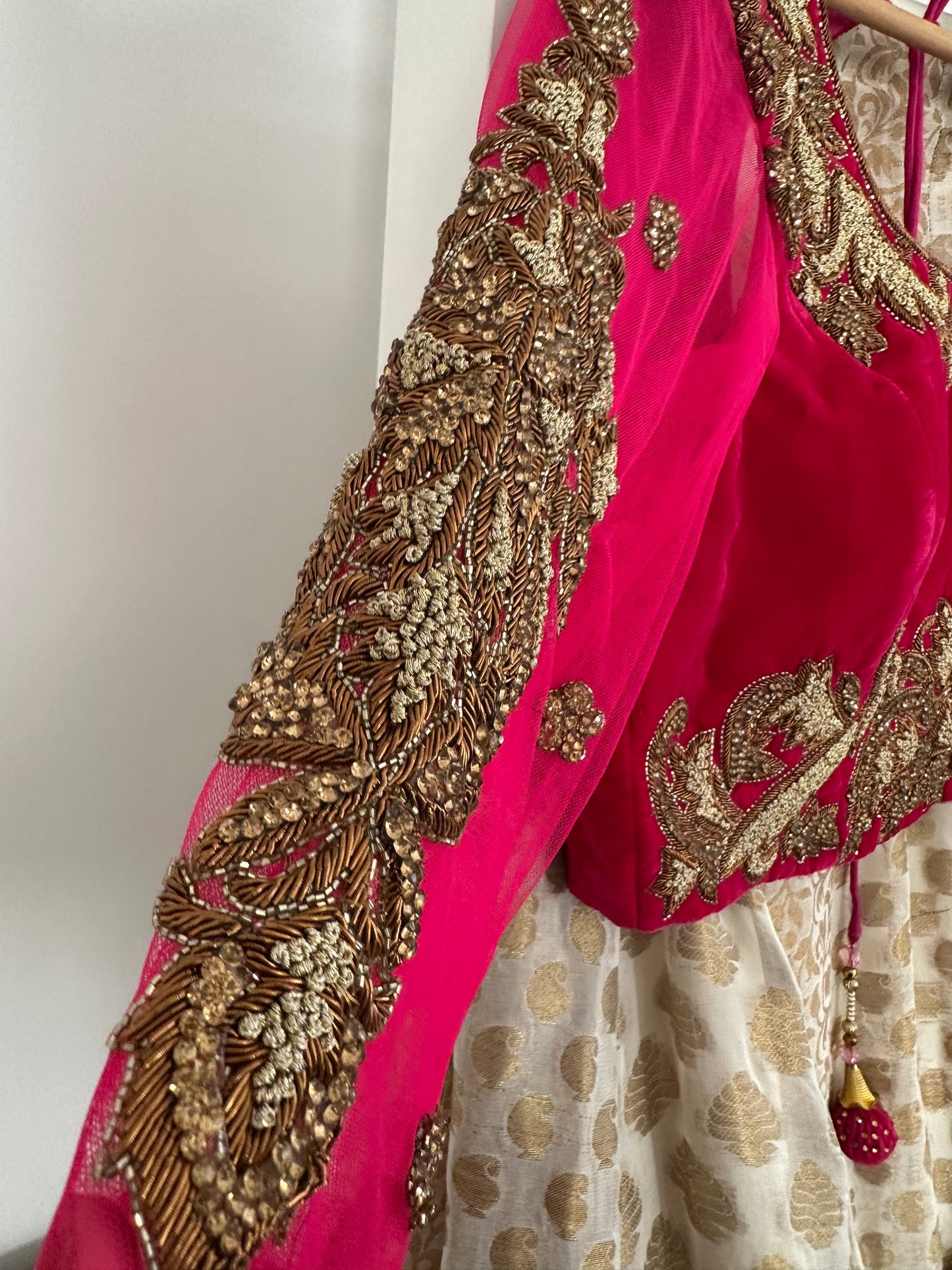 Preloved cerise velvet lehenga with cream silk skirt