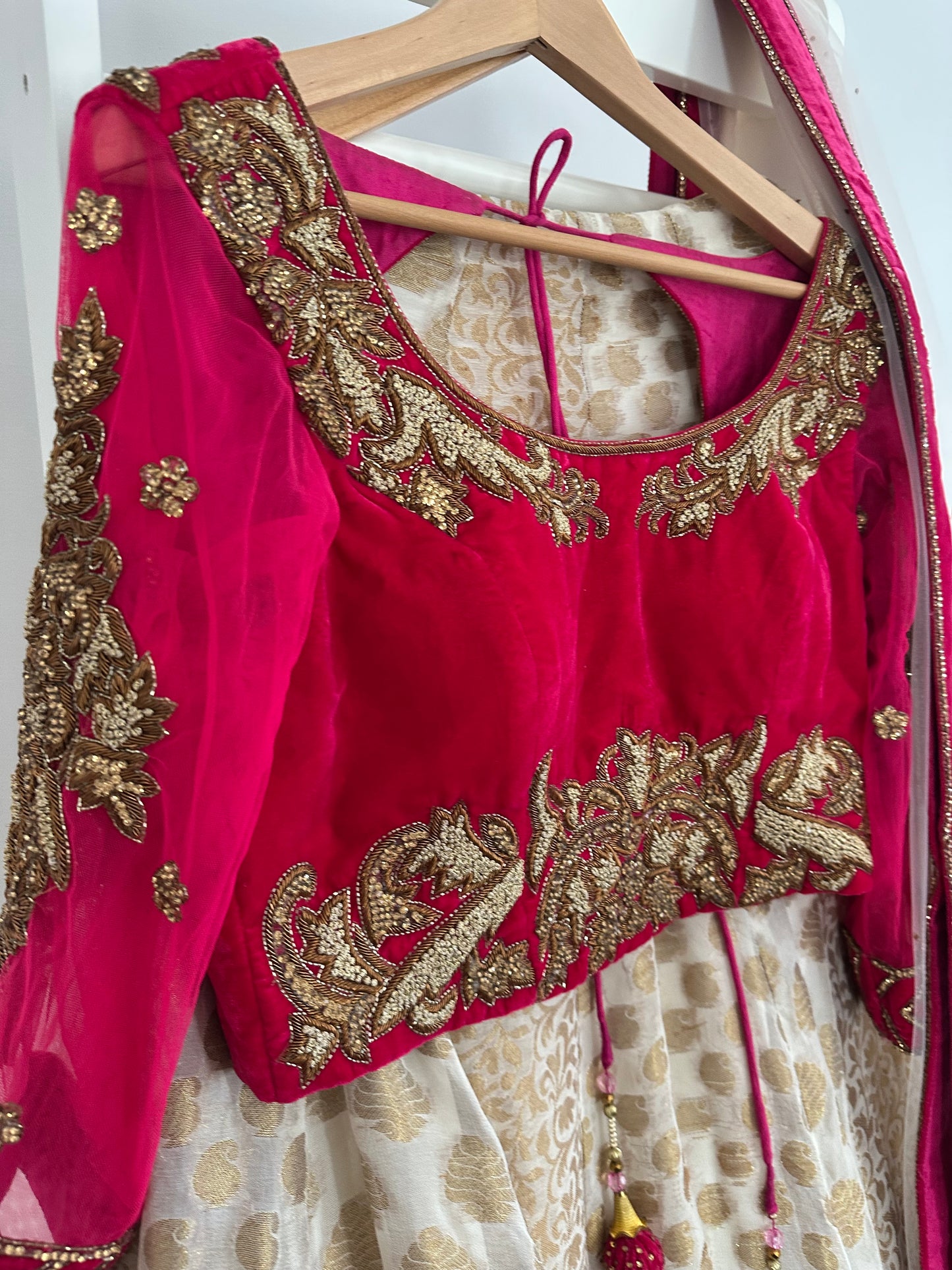Preloved cerise velvet lehenga with cream silk skirt
