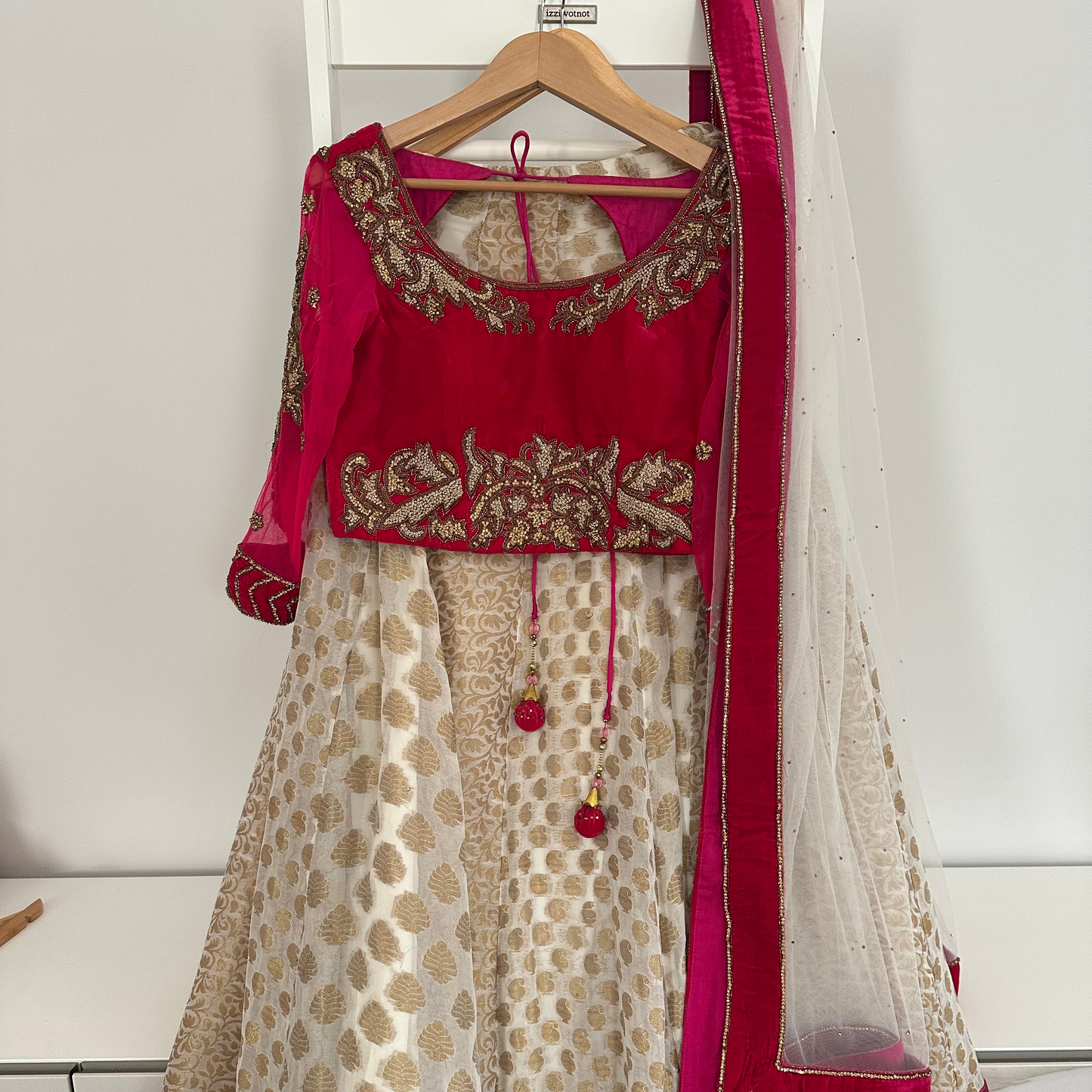 Preloved cerise velvet lehenga with cream silk skirt