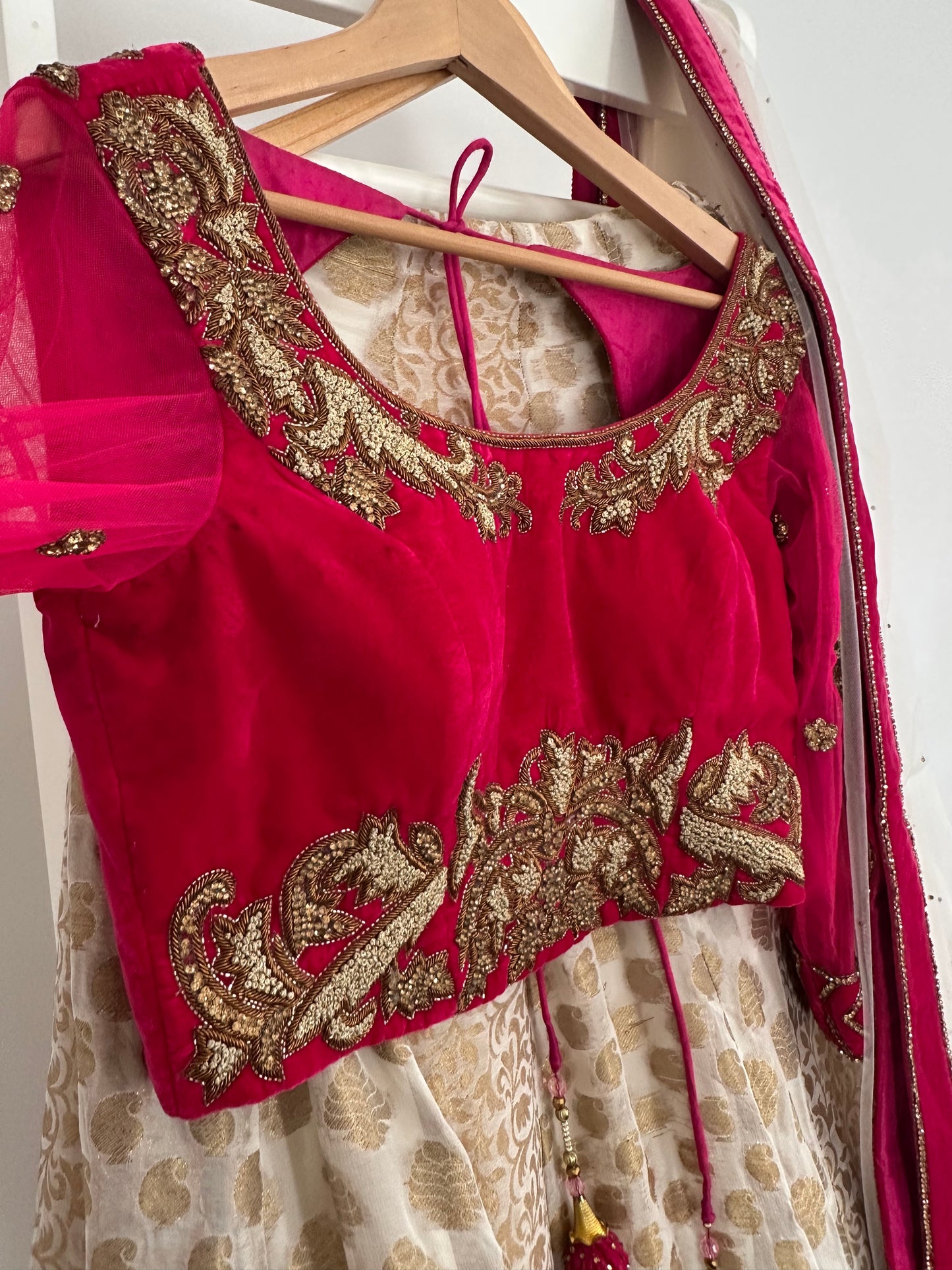 Preloved cerise velvet lehenga with cream silk skirt