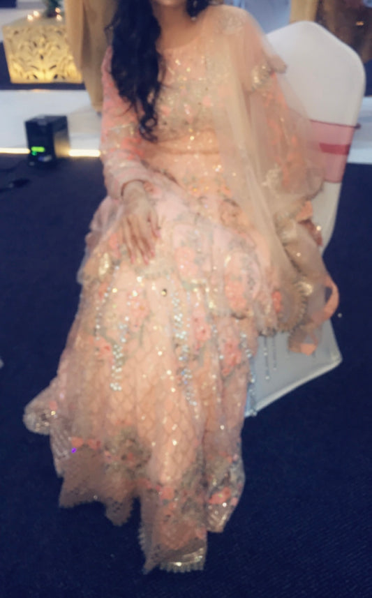 Stunning Peach Pakistani/Indian Wedding Party Dress with Heavy Embroidery and Pearl Detail