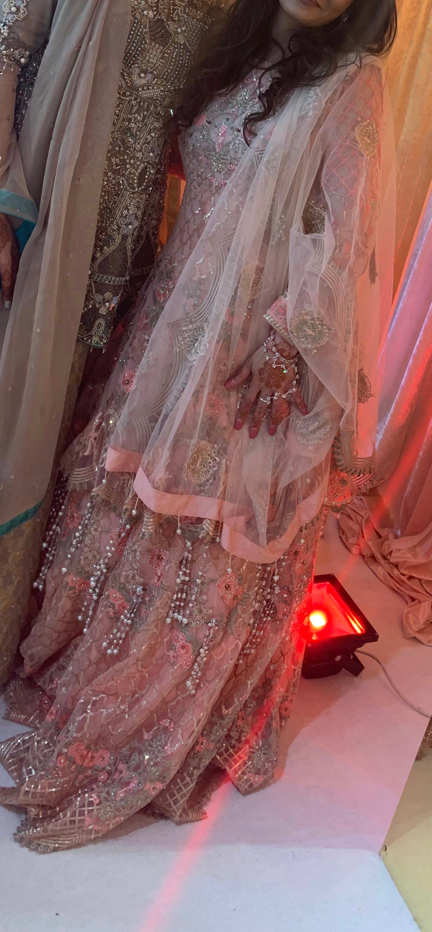 Stunning Peach Pakistani/Indian Wedding Party Dress with Heavy Embroidery and Pearl Detail