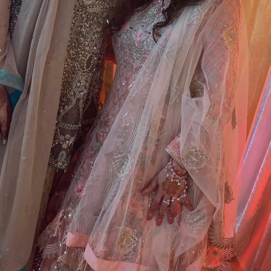 Stunning Peach Pakistani/Indian Wedding Party Dress with Heavy Embroidery and Pearl Detail