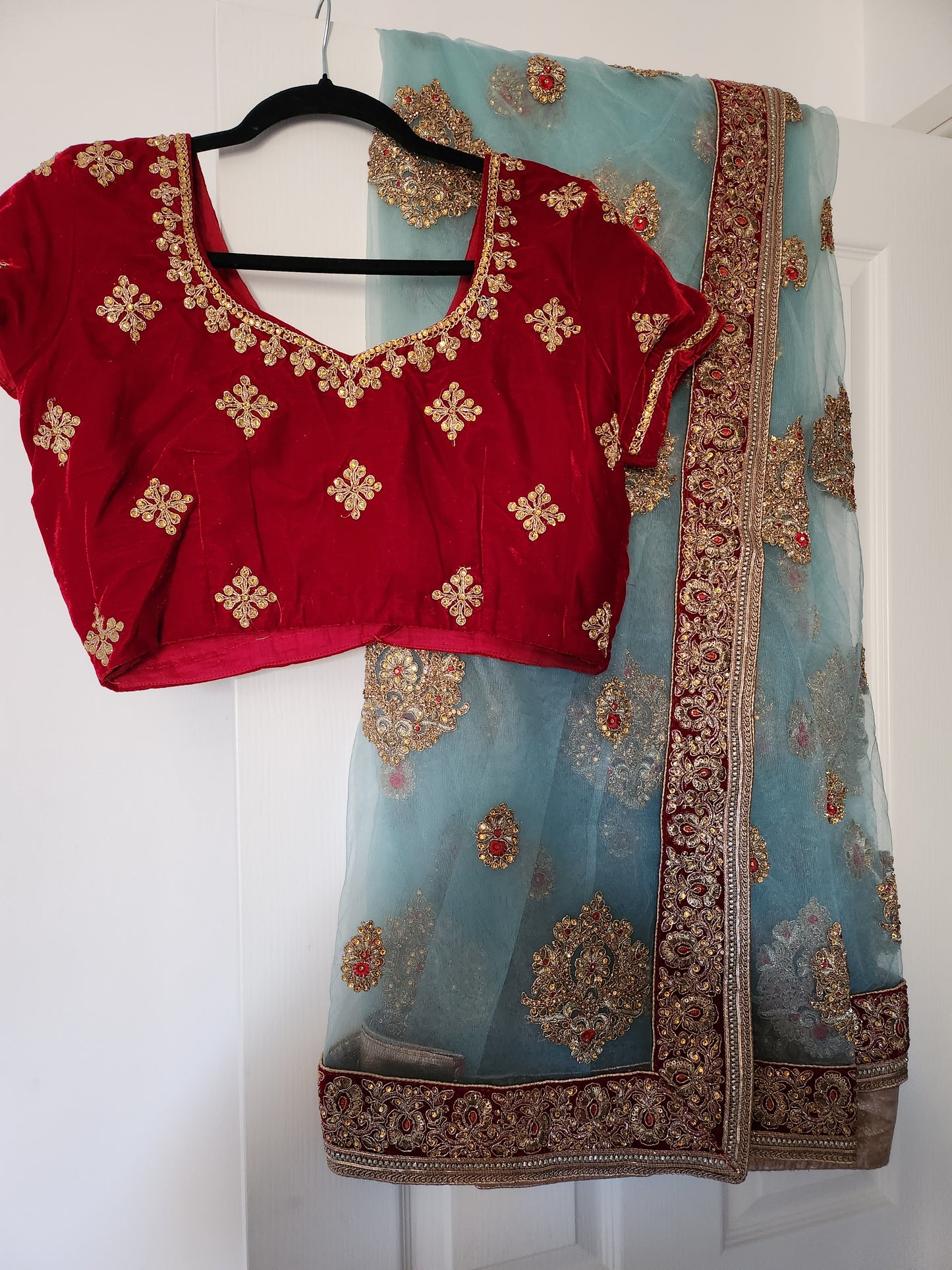 Stunning sky blue and red sari