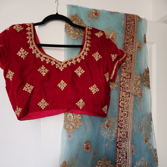 Stunning sky blue and red sari