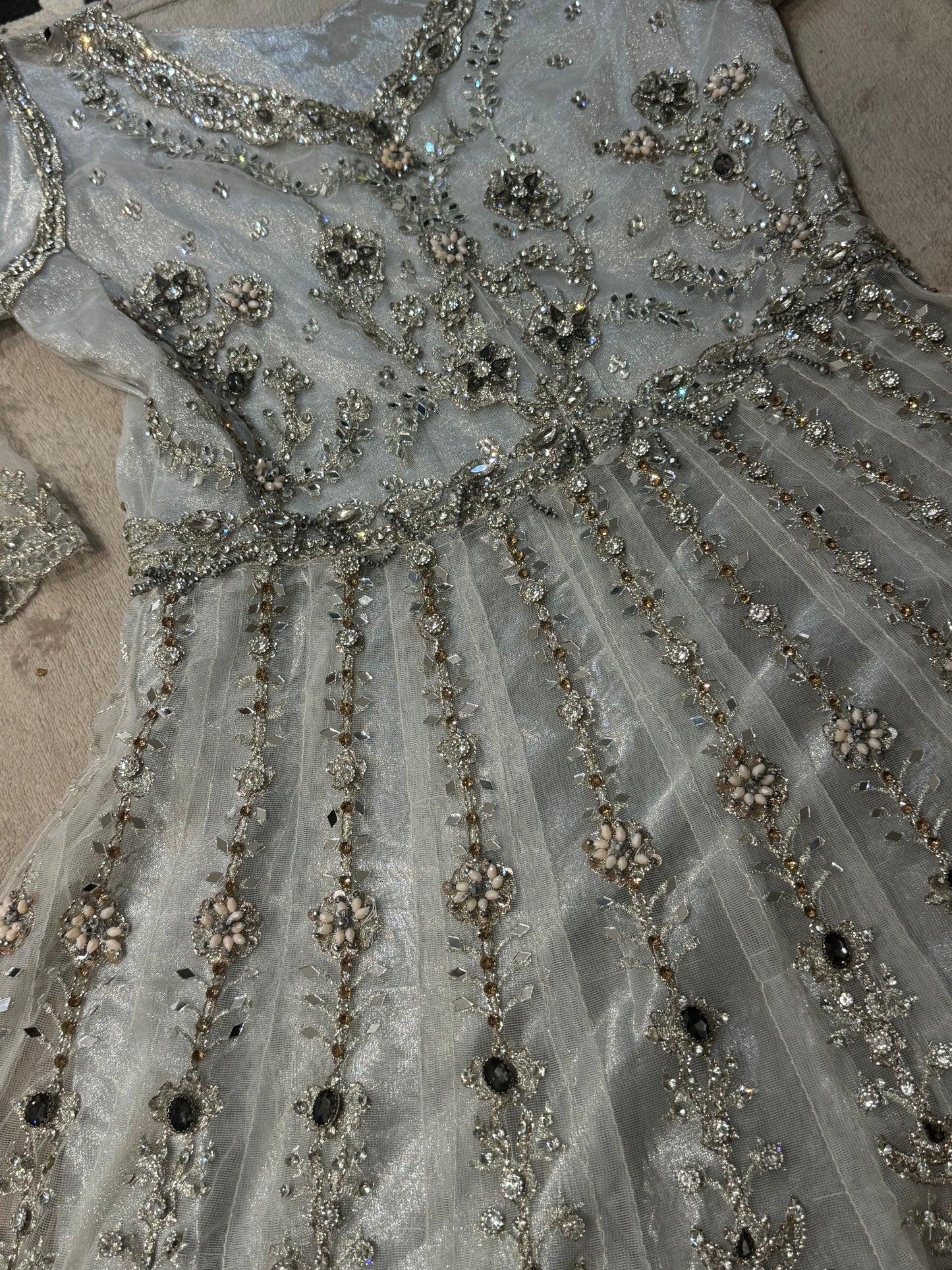 Luxury Silver Grey Embellished Maxi Dress – Heavy Bridal Style with Matching Dupatta