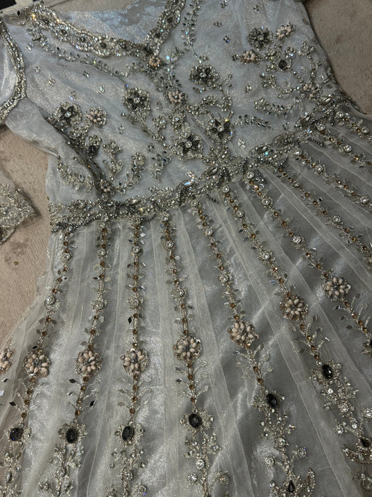 Luxury Silver Grey Embellished Maxi Dress – Heavy Bridal Style with Matching Dupatta