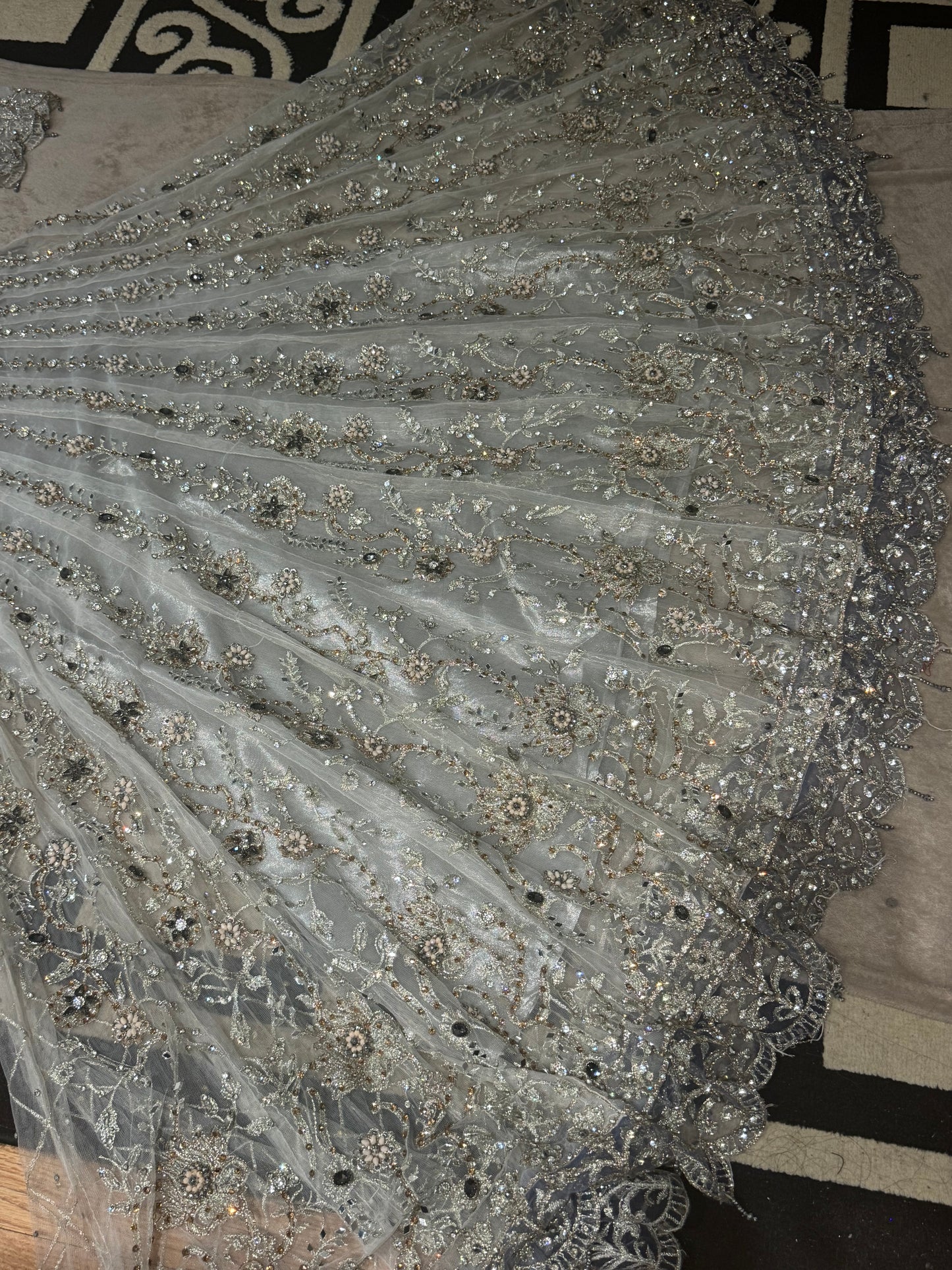Luxury Silver Grey Embellished Maxi Dress – Heavy Bridal Style with Matching Dupatta
