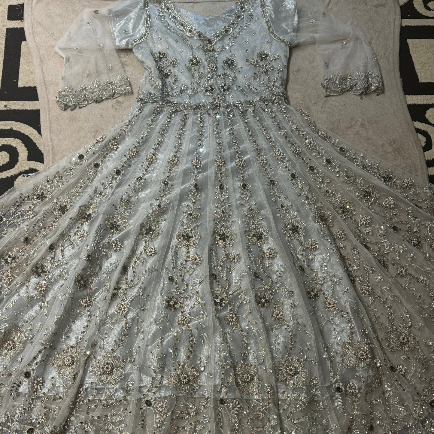 Luxury Silver Grey Embellished Maxi Dress – Heavy Bridal Style with Matching Dupatta
