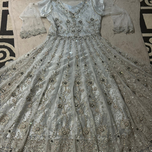 Luxury Silver Grey Embellished Maxi Dress – Heavy Bridal Style with Matching Dupatta