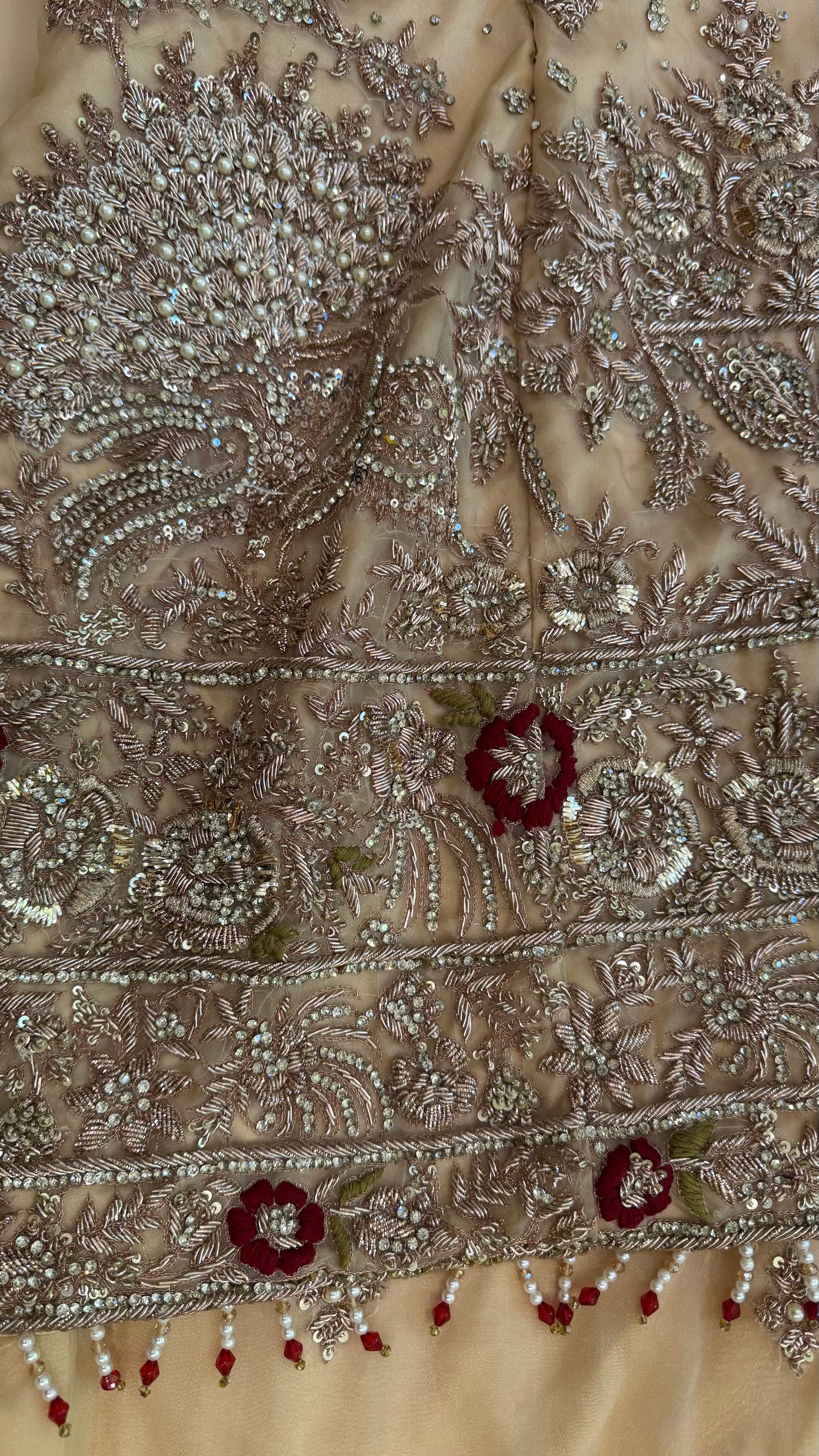 Mongas champagne, nude, gold gharara with red olive accents