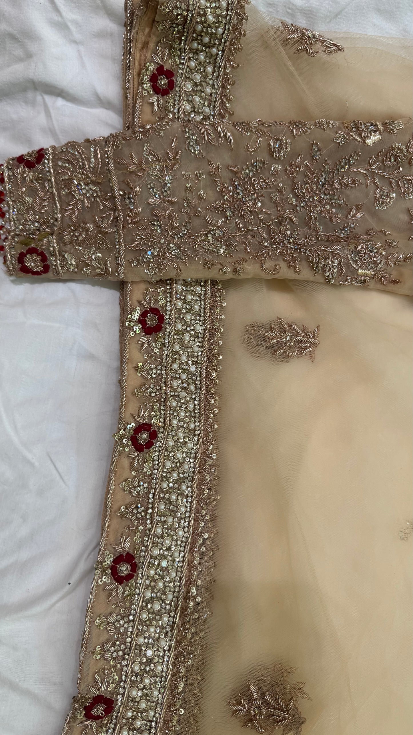 Mongas champagne, nude, gold gharara with red olive accents