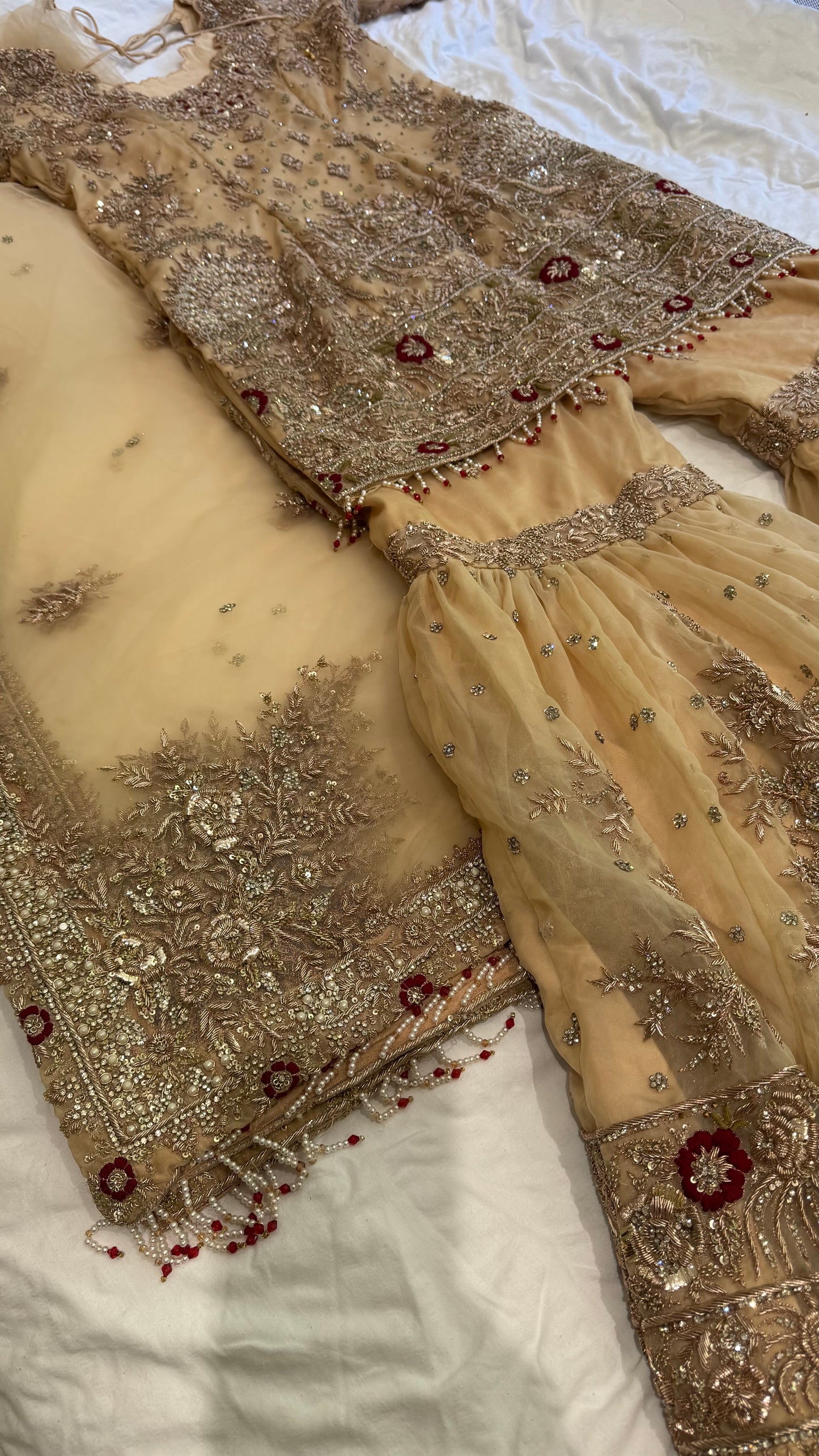 Mongas champagne, nude, gold gharara with red olive accents