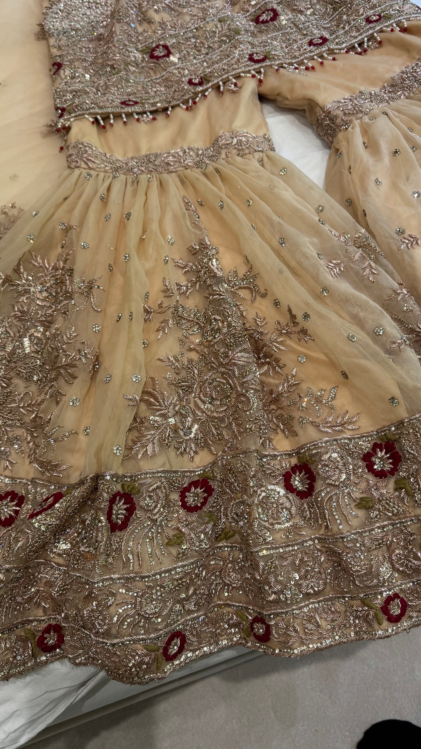 Mongas champagne, nude, gold gharara with red olive accents