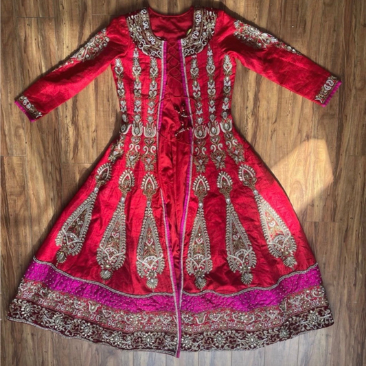Red & Pink Bridal Wedding Dress with Gold Work