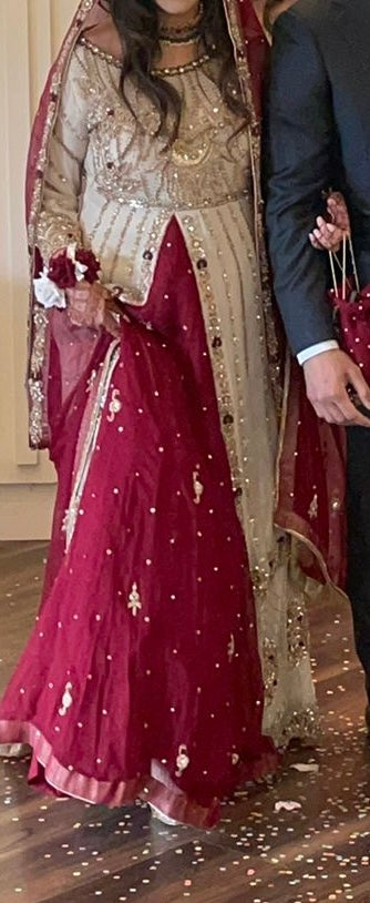 Preloved Maroon and Gold Asian Indian Pakistani Wedding Lehenga/Gown