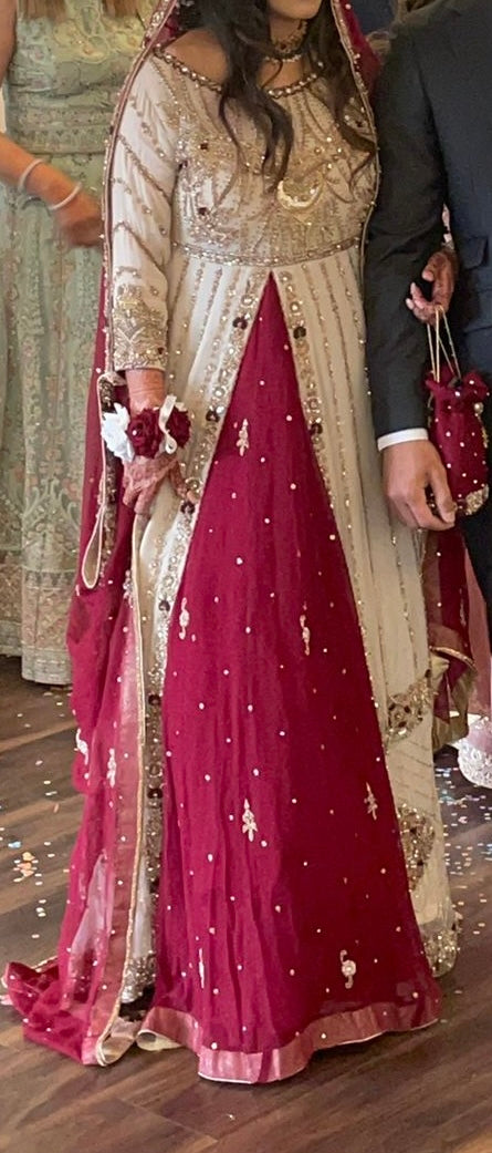 Preloved Maroon and Gold Asian Indian Pakistani Wedding Lehenga/Gown