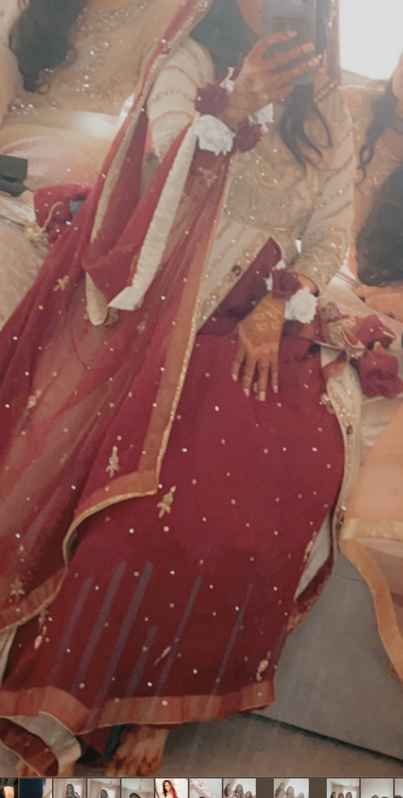 Preloved Maroon and Gold Asian Indian Pakistani Wedding Lehenga/Gown