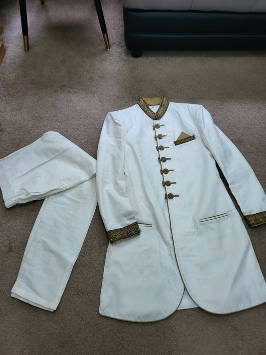 Mens White and Gold Jacquard Embellished Sherwani Cutom Made