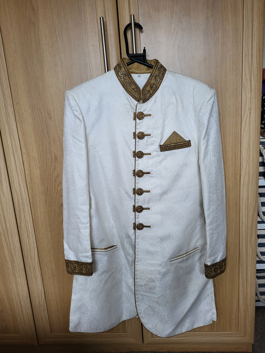 Mens White and Gold Jacquard Embellished Sherwani Cutom Made