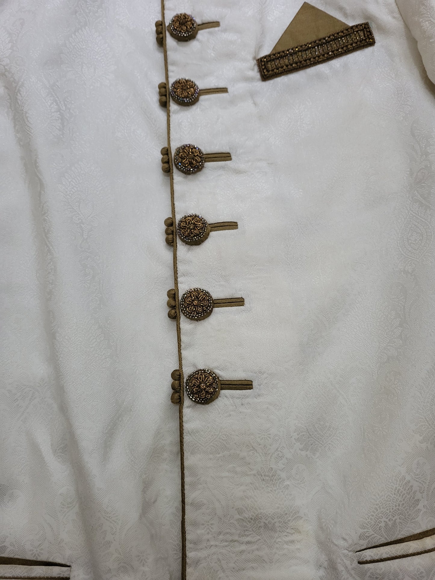 Mens White and Gold Jacquard Embellished Sherwani Cutom Made