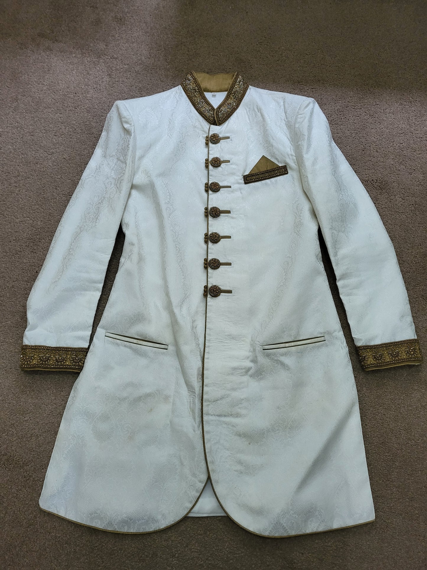 Mens White and Gold Jacquard Embellished Sherwani Cutom Made