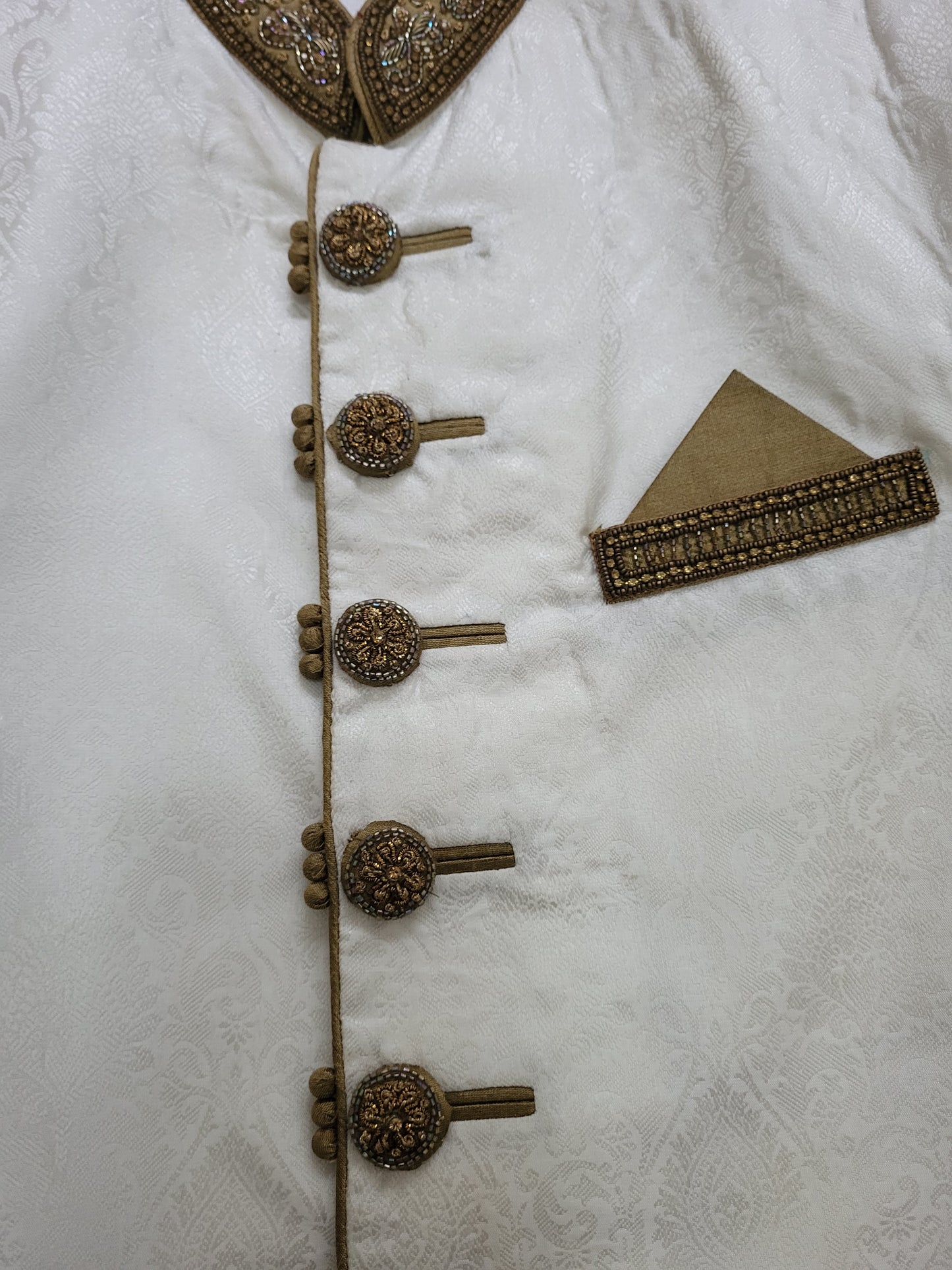 Mens White and Gold Jacquard Embellished Sherwani Cutom Made