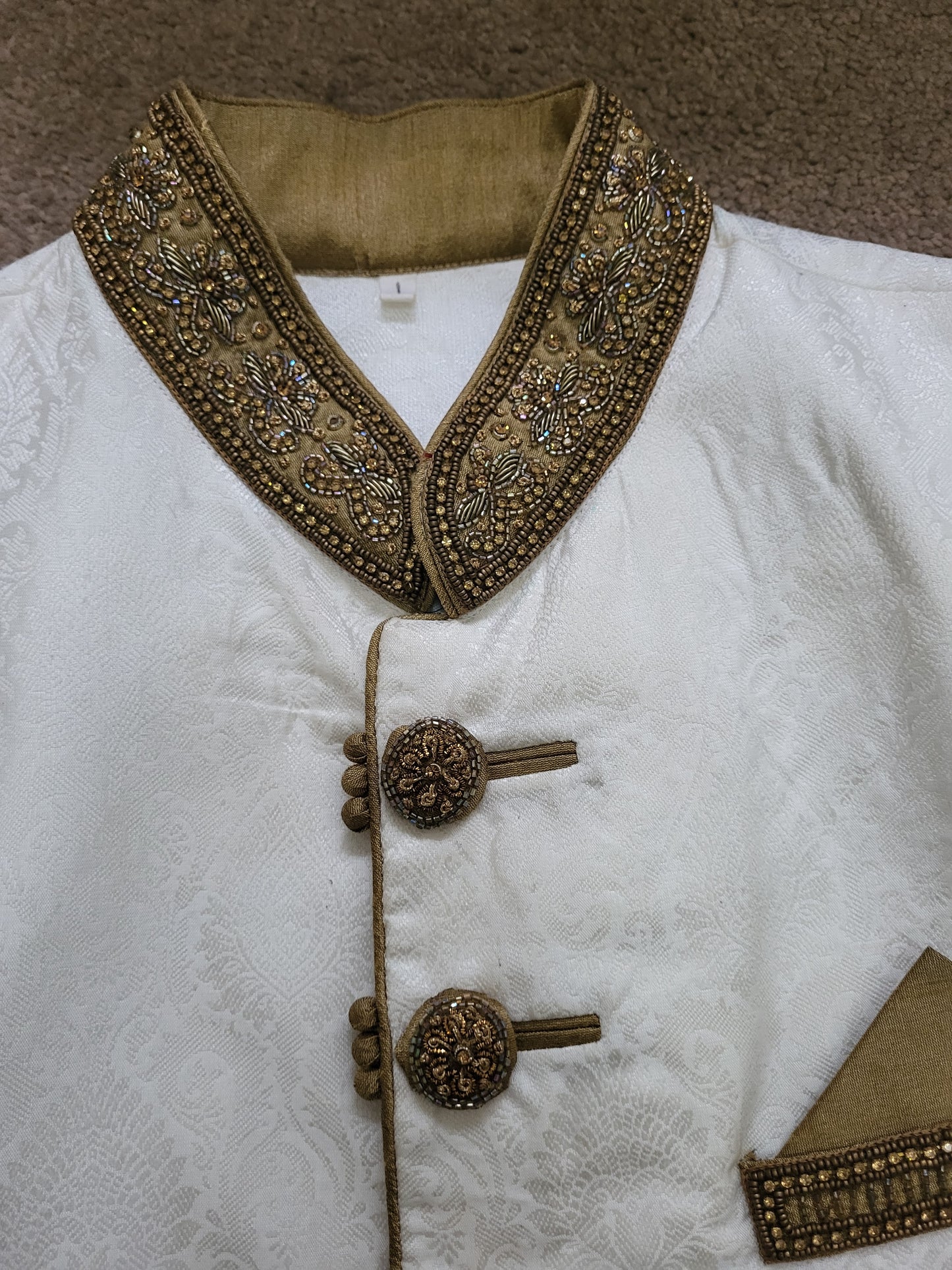 Mens White and Gold Jacquard Embellished Sherwani Cutom Made