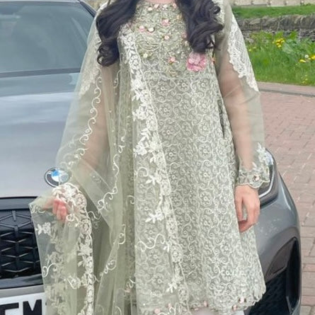 Elegant Pista Green Pakistani Formal Wear: Kameez Sharara Suit with Intricate Lace & Embroidery