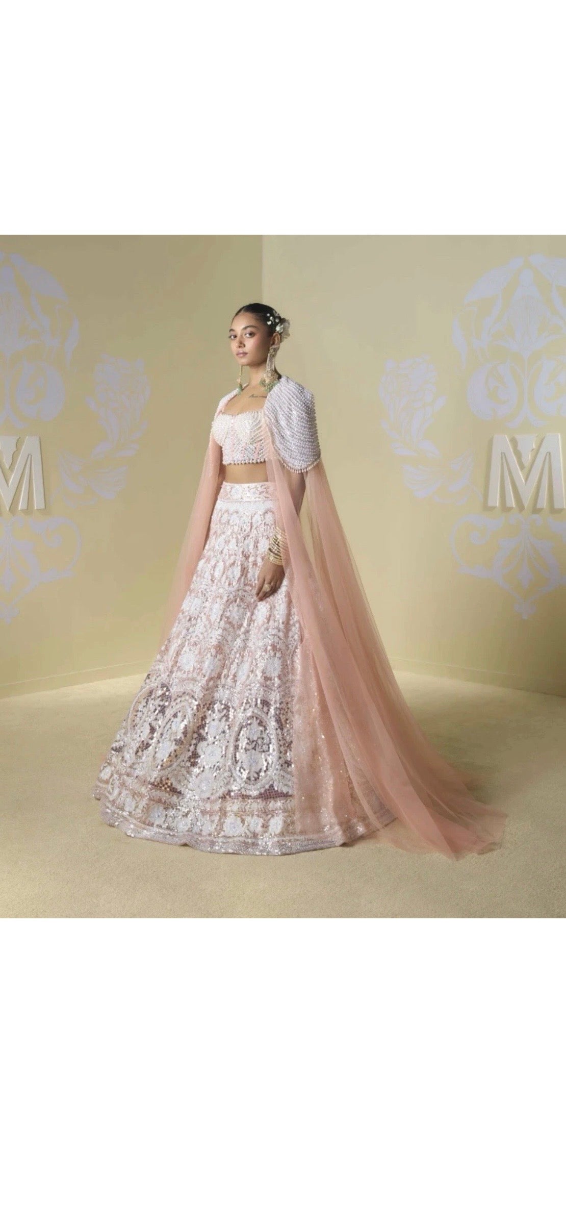 Manish Malhotra pearl embellished peach lehenga