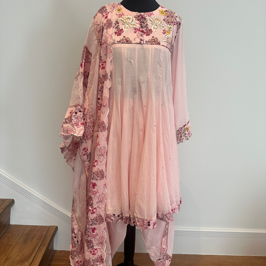 Ajiesh Oberoi Pink Kota Doria, Mulmul Round Embroidered Kurta And Dhoti Pant Set