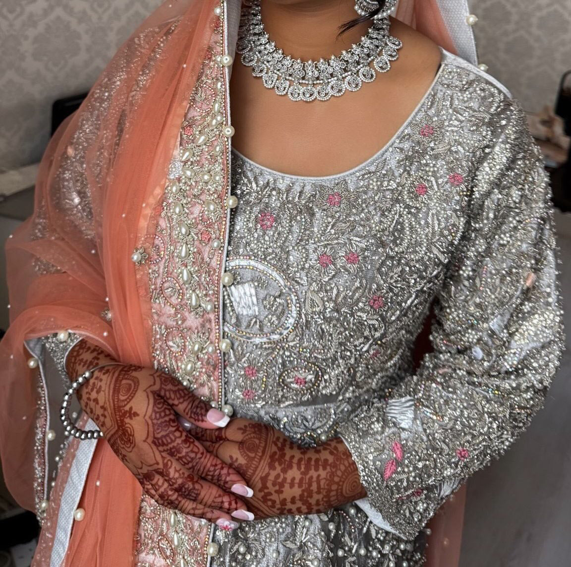 Preloved silver and peach Indian wedding dress with trail