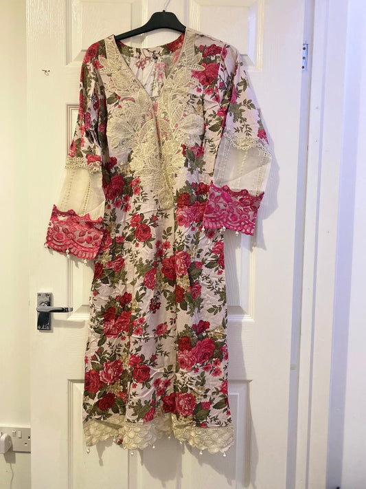 Preloved white and pink embroidered suit