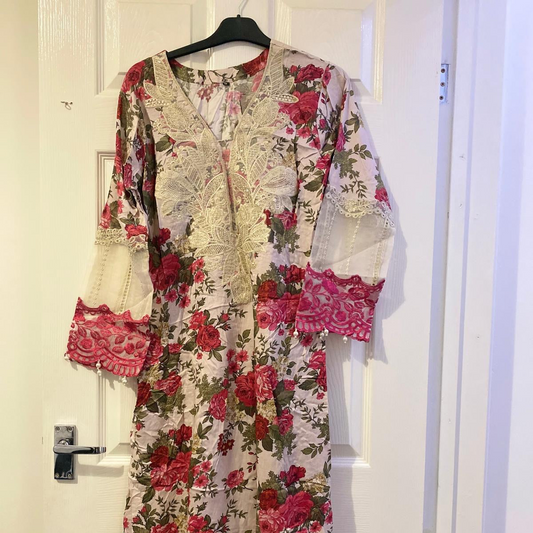 Preloved white and pink embroidered suit