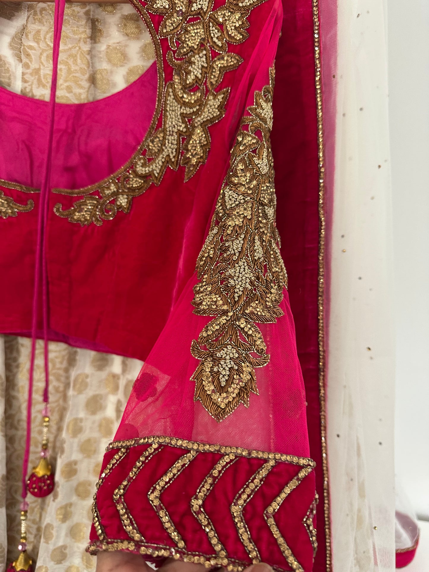 Preloved cerise velvet lehenga with cream silk skirt
